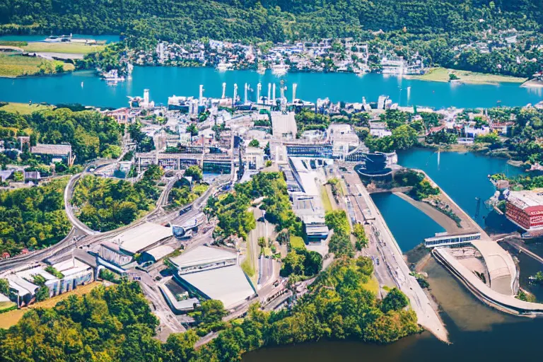 Image similar to bird's eye view photography of a small city. town hall, central farm, monorail station, beach and shipping dock. hills, woods and lake to the north.