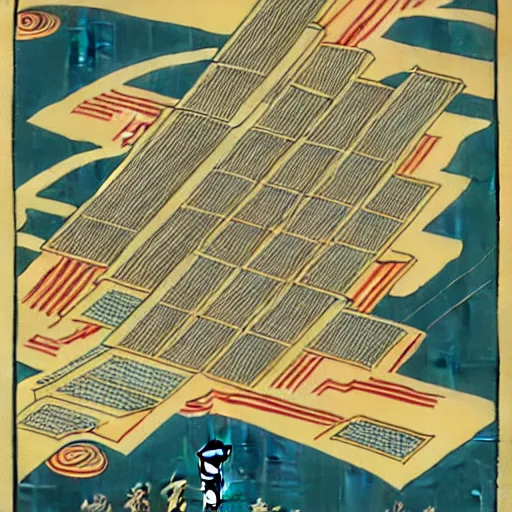 Image similar to propaganda poster of a high resolution map of a cyberpunk city in Ukiyo-e style, HD