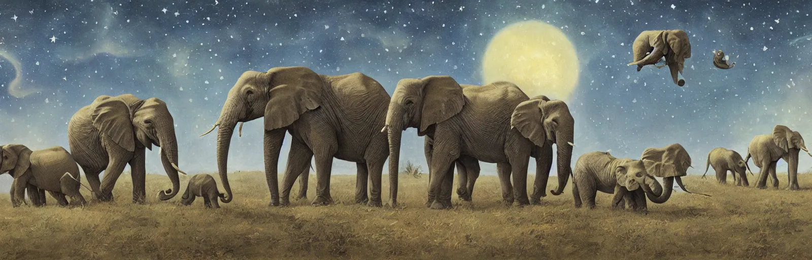 Prompt: two adult elephants and a baby elephants sleeping soundly under a starry sky, small group, surrounded by savannah, illustration, detailed, smooth, soft, warm, by Adolf Lachman, Shaun Tan, Surrealism