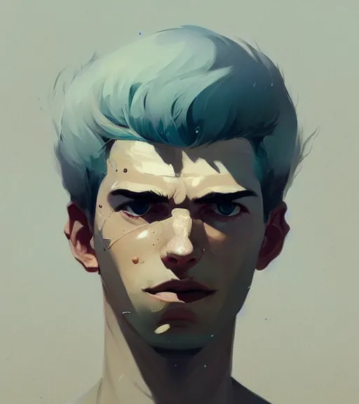 Image similar to portrait of a young man, raised on the island, white hair, face tatooes by atey ghailan, by greg rutkowski, by greg tocchini, by james gilleard, by joe fenton, by kaethe butcher, dynamic lighting, gradient light blue, brown, blonde cream and white color scheme, grunge aesthetic