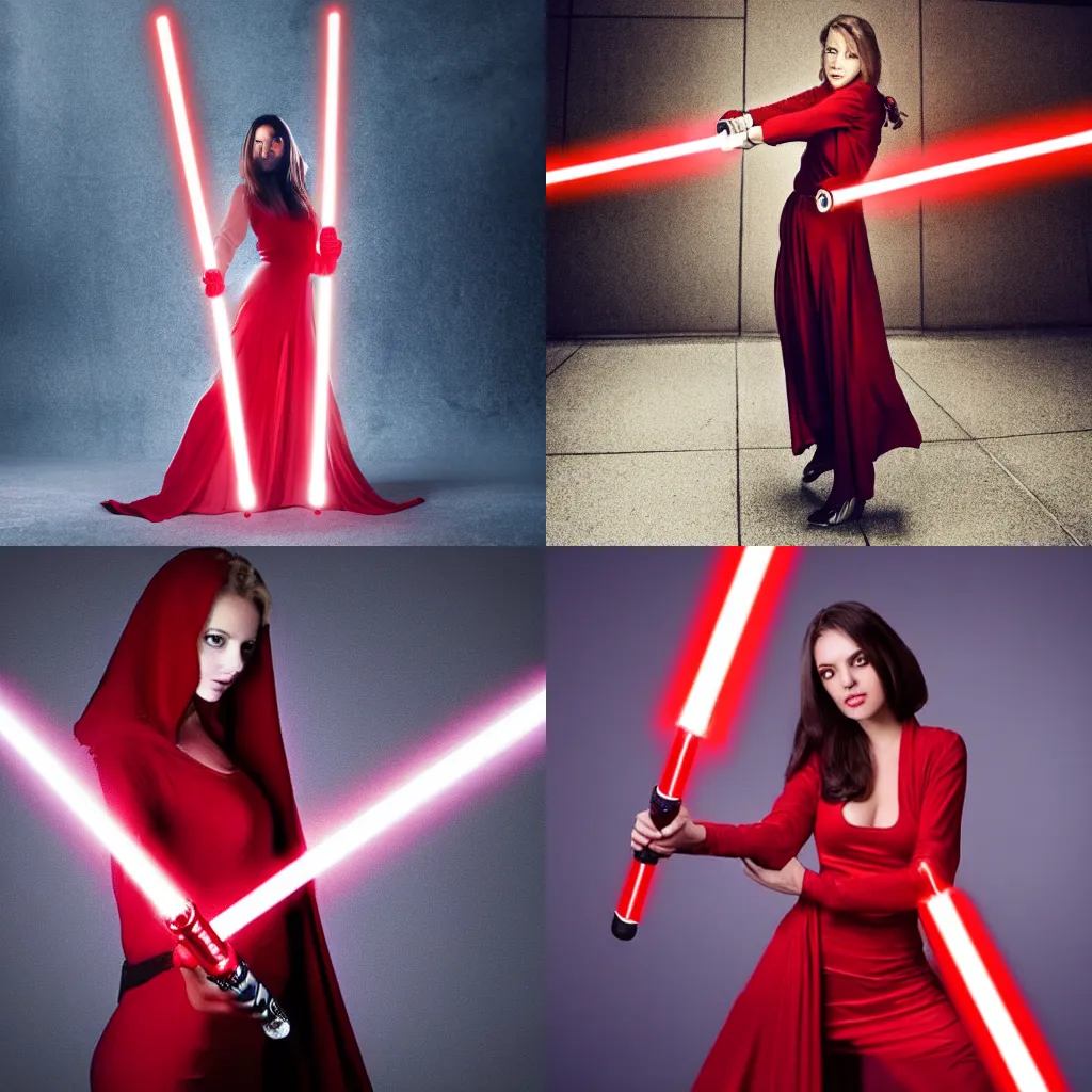 Prompt: beautiful woman dressed in red clothes wielding a lightsaber