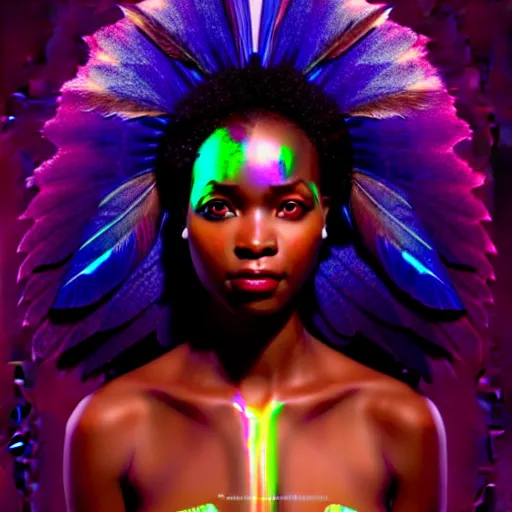 Prompt: centered girlboss portrait of african goddess of nature, symmetrical face, chiaroscuro, iridescent feathers 3 d subsurface scattering, character concept art, by artgerm