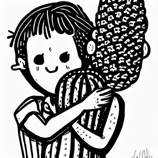 Image similar to sentimental boy hugging a cactus, line art, black and white