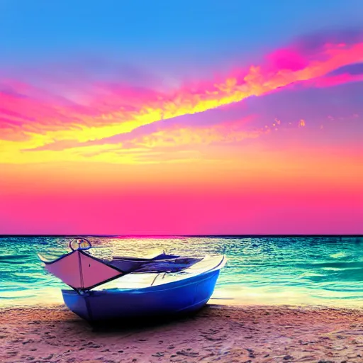 Image similar to a boat chilling on the beach, sunset, vaporwave