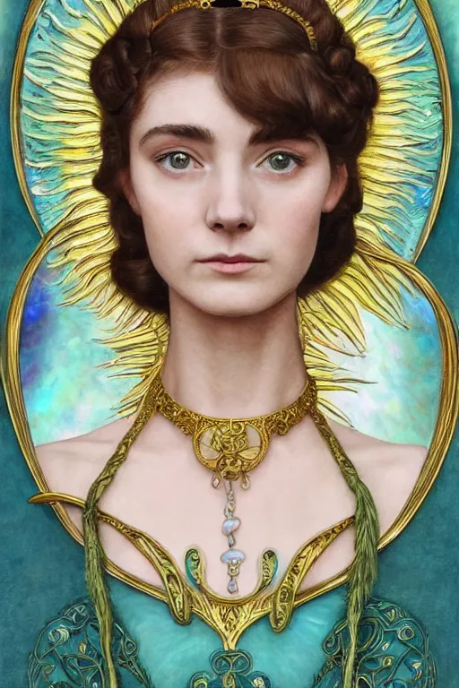 Prompt: a full body art nouveau portrait of a 16-year old sun goddess who resembles Audrey Hepburn and Saoirse Ronan with a worried, intense gaze and slightly opened mouth, ornate intricate iridescent mother-of-pearl jewelry, intricate, elegant, highly detailed, digital painting, artstation, concept art, smooth, sharp focus, illustration, art by John William Waterhouse and Bouguereau and Donato Giancola and alphonse mucha