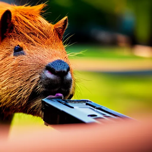 Prompt: cute capybara eating a neon nvidia gpu, chewing on a video card, cooling fans, cyberpunk, wildlife photography, bokeh, golden hour, sharp focus, 3 5 mm, taken by sony a 7 r, 4 k, award winning