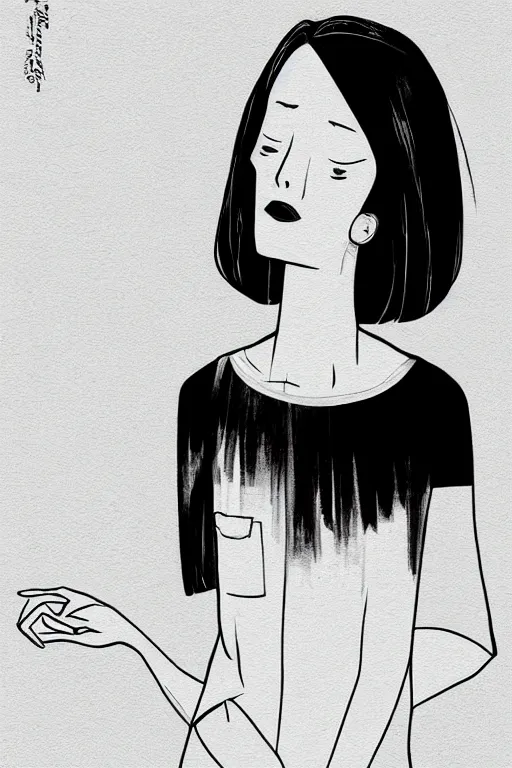 Image similar to portrait of a girl in long pants and a top, hands in pockets, eyes closed, bob haircut, digital art, black and white, lineart by roro kurotani