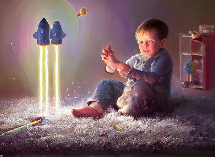 Image similar to toddler elon musk sitting on a shaggy rug playing with his little space rockets, realistic painting, beautiful soft lighting, istvan sandorfi