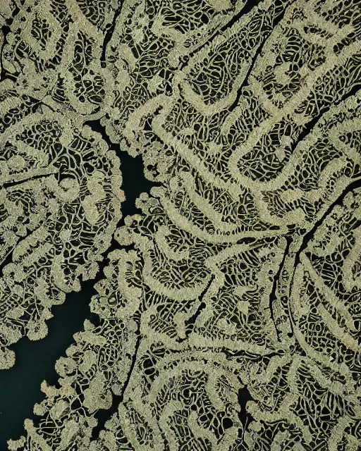 Image similar to an archipelago, made of intricate decorative lace leaf skeleton, shot from a drone, in the style of the dutch masters and gregory crewdson, dark and moody