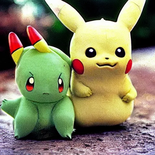 Image similar to 1 9 8 0 s photograph of pikachu and bulbasaur together