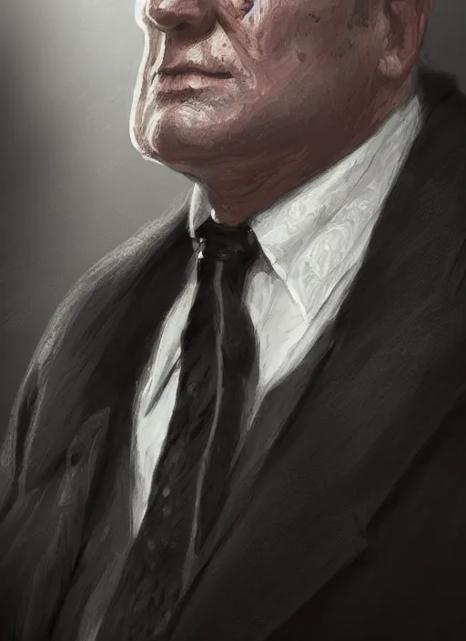 Image similar to a highly detailed illustration of 6 7 year - old clean - shaven chubby white man wearing black detective coat with necktie, heroic pose, strings background, intricate, elegant, highly detailed, centered, digital painting, artstation, concept art, smooth, sharp focus, league of legends concept art, wlop.