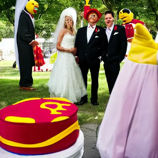 Image similar to mcdonald's themed wedding featuring grimace as the best man and ronald mcdonald as the officiant.