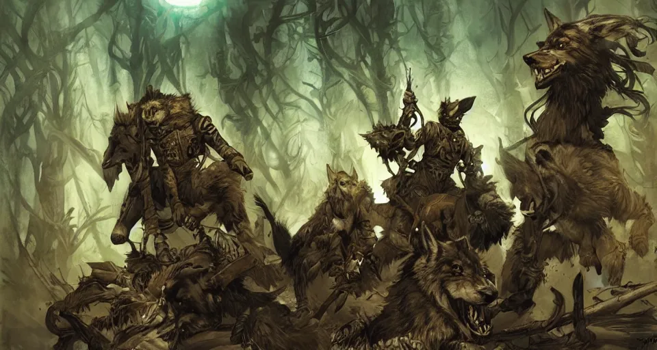 Image similar to WOLVES AND THEIR TREASURES. By Travis Charest, James Gurney, and Ashley Wood. dramatic lighting. Magic the gathering. digital painting.