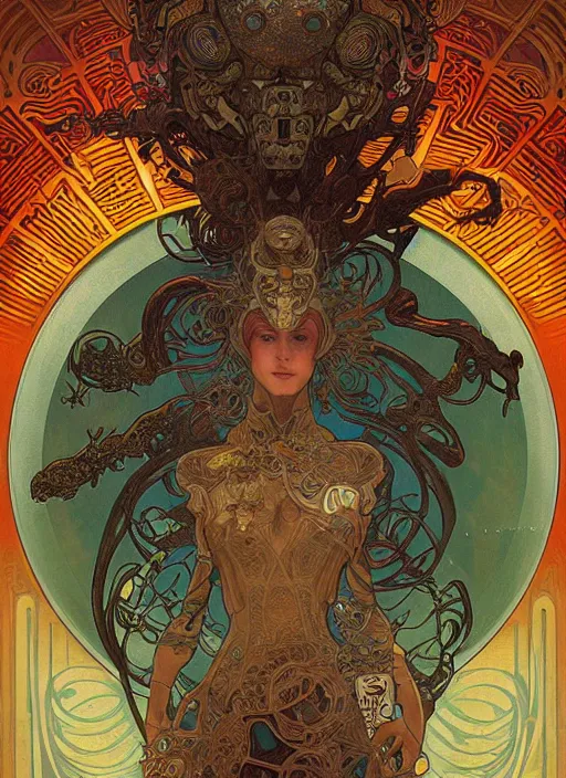 Image similar to retro robot glowing reptile eyes, alphonse mucha, shamanic poster lsd art, intricate, elegant, highly detailed, centered, digital painting, artstation, concept art, smooth, sharp focus, illustration, artgerm, tomasz alen kopera, peter mohrbacher, donato giancola, joseph christian leyendecker, wlop, frank frazetta