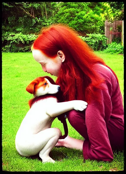 Image similar to “a red-haired child with dark skin playing with a puppy in the garden in the style of Mary Engelbreit”