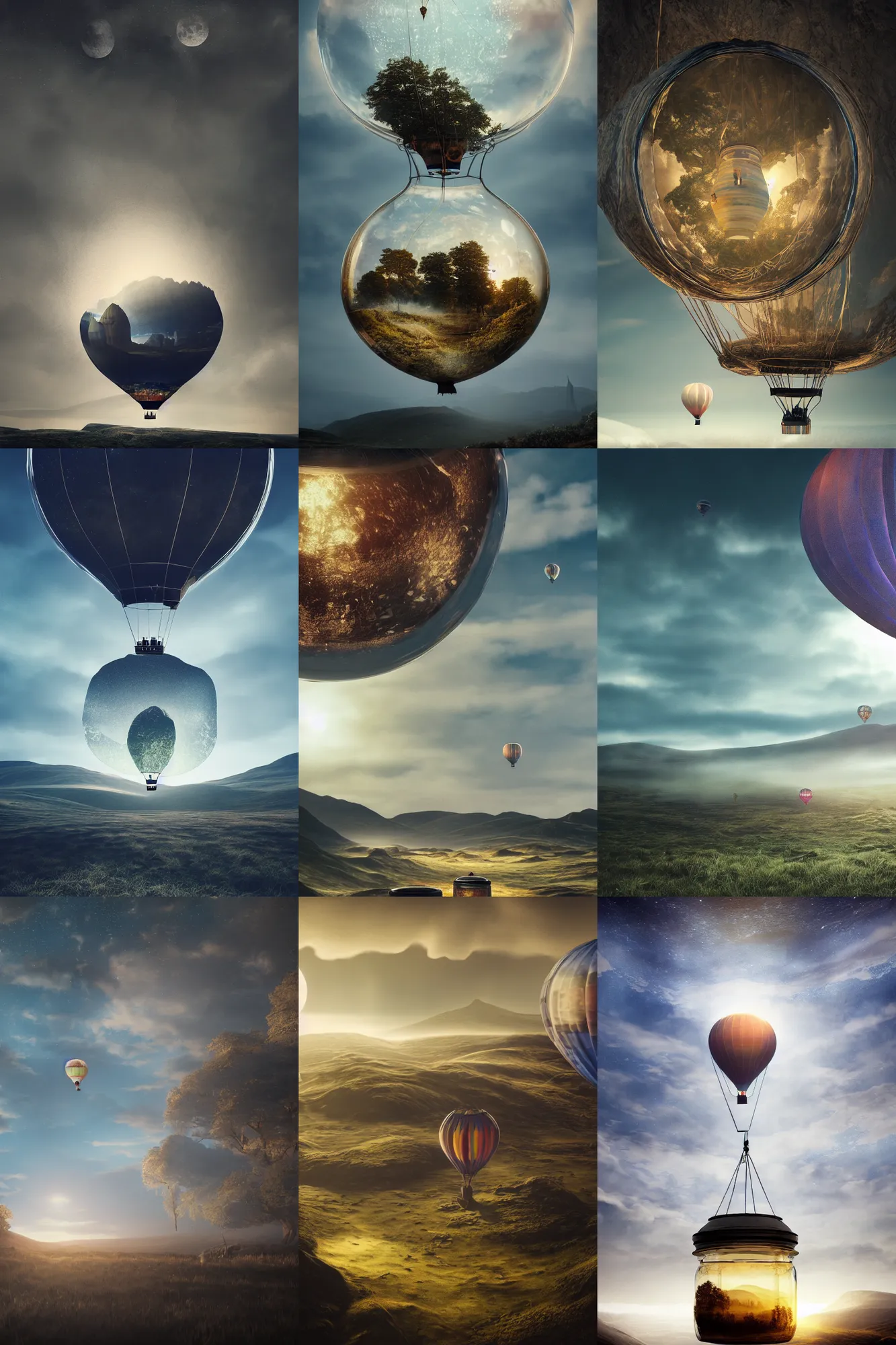 Prompt: scottish landscape inside a glass jar, hot air balloon, moon, intricate detail, volumetric lighting, epic composition, hyper detailed, ultra realistic, sharp focus, octane render, volumetric, ray tracing,, sense of awe, swirling mist, 4 k