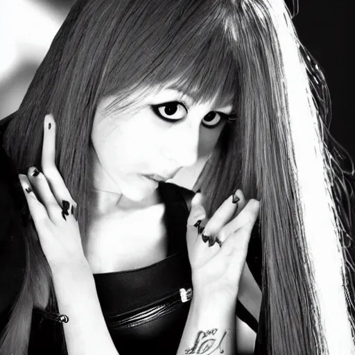 Image similar to ariana grande modeling as misa amane from death note, professional photograph