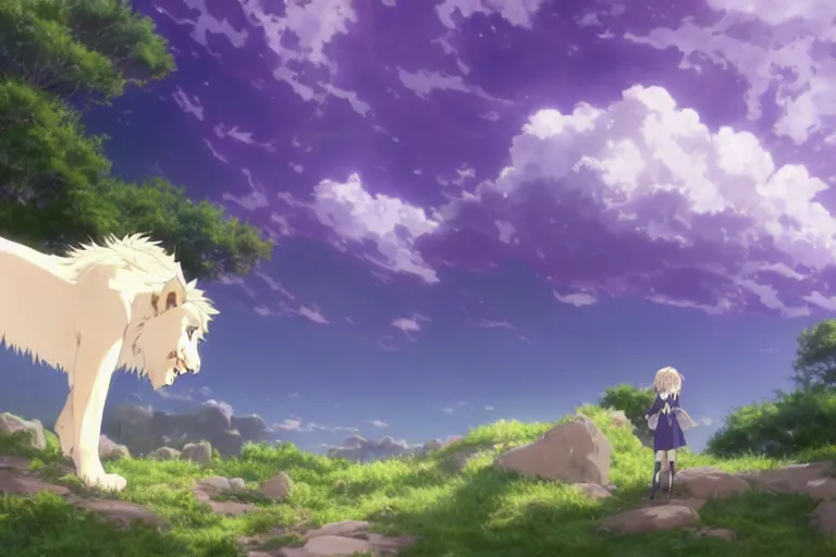 Prompt: a vast scene, panorama distant view, anime art full body portrait character concept art, hyper detailed scene render of a boy and white lion, anime key visual of violet evergarden, finely detailed perfect face delicate features directed gaze, in the white clouds fairyland, trending on pixiv fanbox, violet evergarden, studio ghibli, james jean, extremely high quality artwork