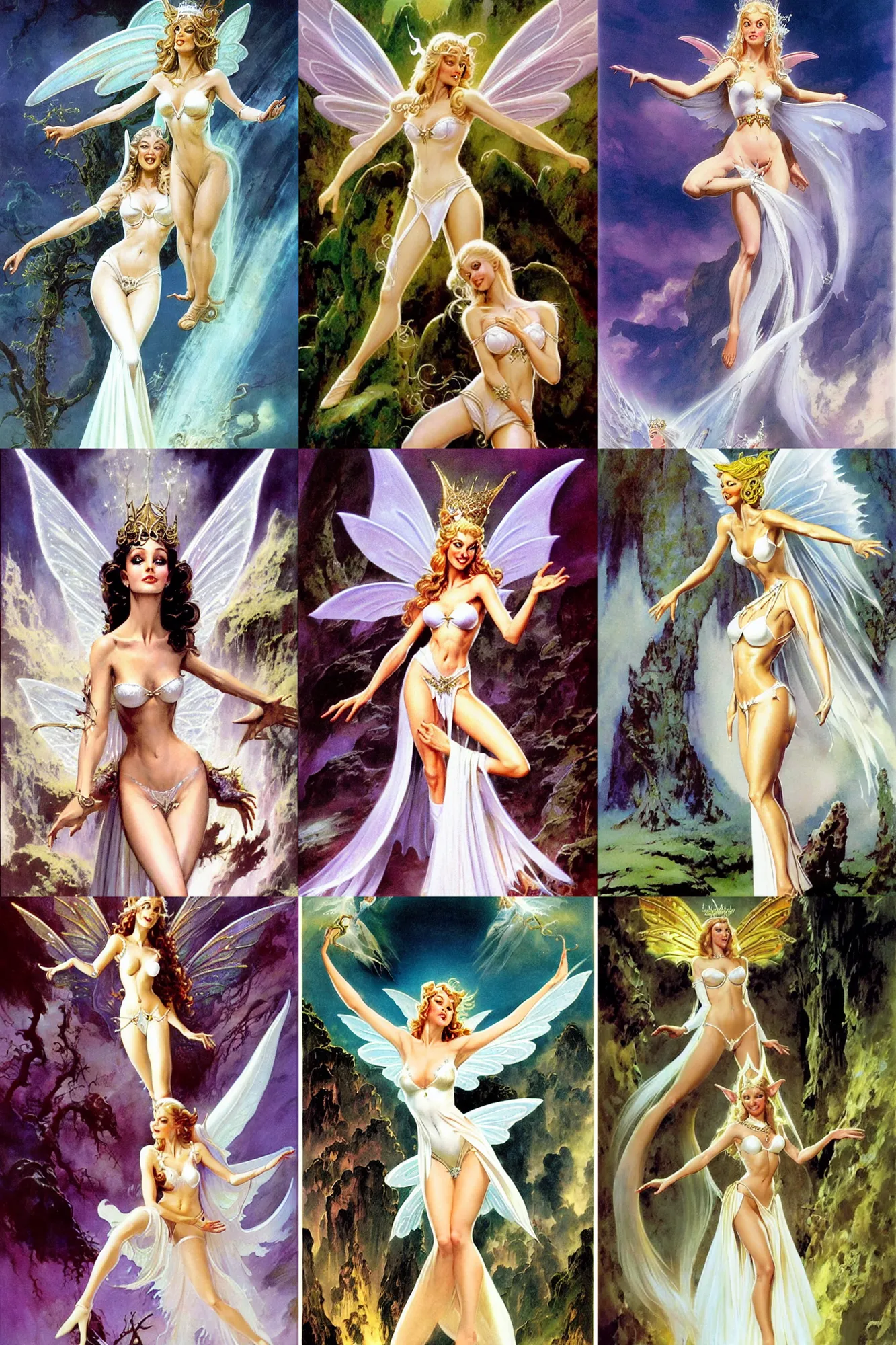 Prompt: Worksafe. Fully clothed. Heavenly gentle saint high elven sorceress fairy princess goddess queen,wearing white luxury bridal bra and jewelry,expressing joy,at hall. By Frank Frazetta and Boris Vallejo.