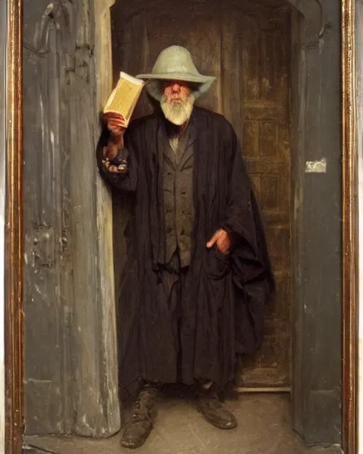 Image similar to Solomon Joseph Solomon and Richard Schmid and Jeremy Lipking victorian genre painting portrait painting of a old rugged actor wizard wearing a wizard hat and robe from the hobbit holding a book and standing in front of an ancient wooden door