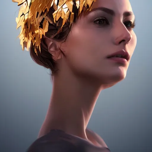 Image similar to a highly detailed digital image of a futuristic elegant woman wrapped with golden leaves, artstation, extremely detailed woman, stunning volumetric lighting, 4k,