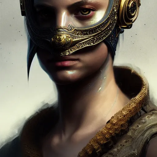 Image similar to Very very very very highly detailed epic photo of face with venetian mask, intricate, dystopian, sci-fi, extremely detailed, digital painting, artstation, concept art, smooth, sharp focus, illustration, intimidating lighting, incredible art by Greg Rutkowski