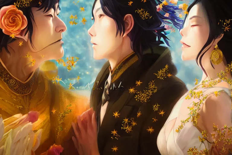 Image similar to a dreamlike portrait of wedding photograph close up moment of a divine a taiwan sun god and moon goddess lovers magician at a wedding banquet. portraiture. digital painting. artstation. concept art. fantasy wedding photo. digital painting, 8 k realistic, hyper detailed, by makoto shinkai and akihiko yoshida and hidari and wlop