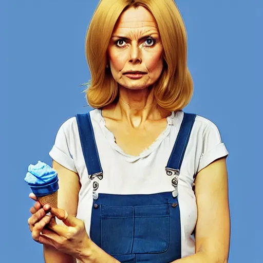 Prompt: portrait of a blonde fuller figured middle aged barbara bach from the bond film wearing blue dungarees and eating ice creams with michael mcintyre wearing a blue shirt and chinos in porto, real life skin, intricate, elegant, highly detailed, artstation, concept art, smooth, sharp focus, art by artgerm and greg rutkowski and alphonse mucha