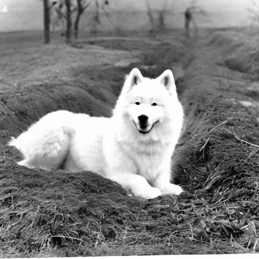 Image similar to a samoyed dog in a ww1 trench, grainy photo