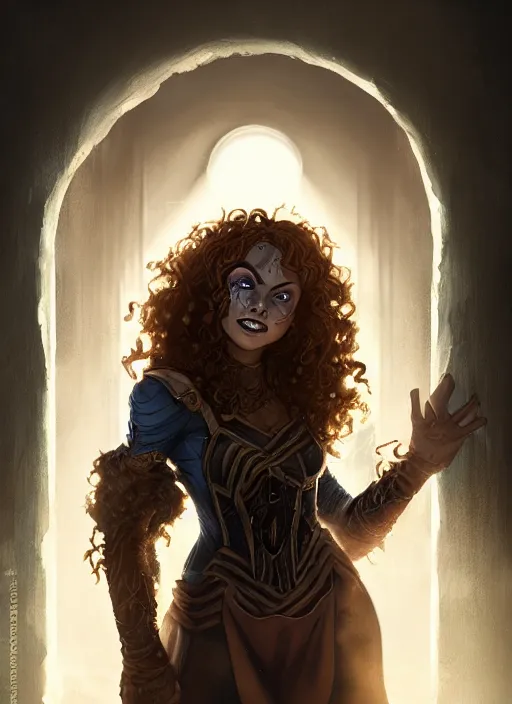 Image similar to an epic fantasy comic book style portrait painting of a girl wearing fantasy makeup with a mischievous smile and curly brown hair stepping out of a doorway with light shining behind her, unreal 5, daz, hyperrealistic, octane render, cosplay, rpg portrait, dynamic lighting