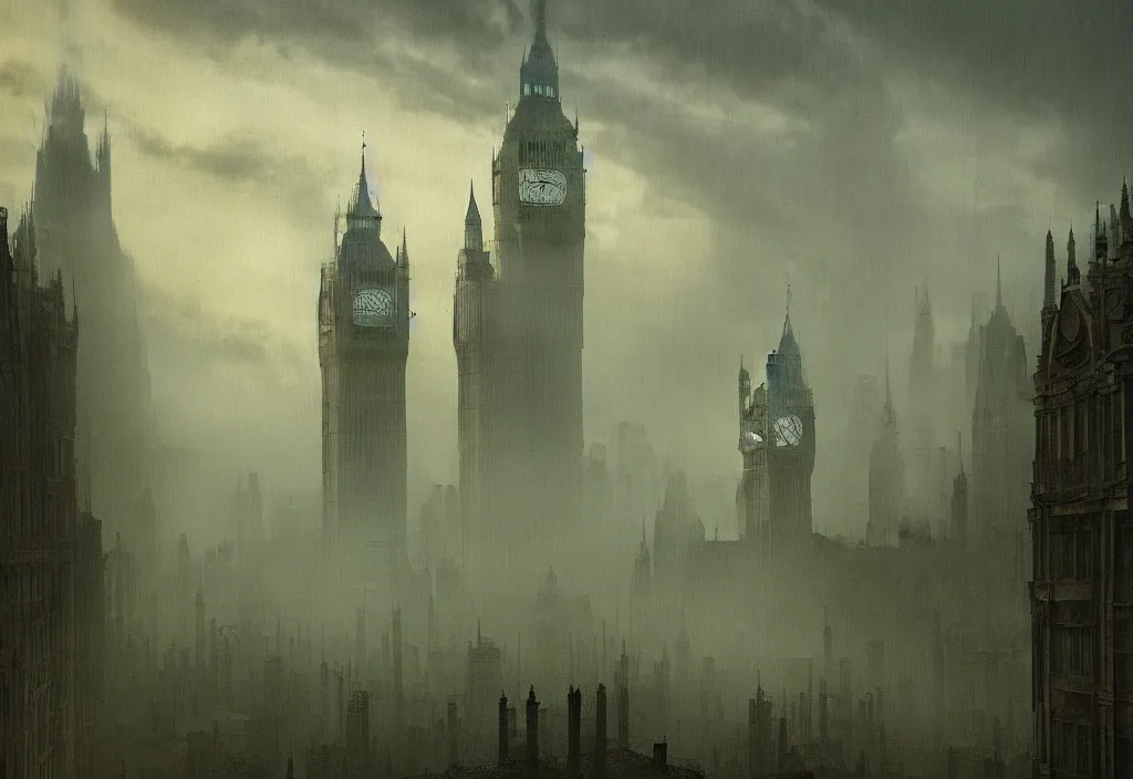 Image similar to london in green mist by carl gustav carus, clocktower, steampunk, tentacles, cthulhu, digital art, 4k, trending on artstation, highly detailed