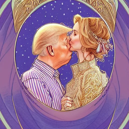 Prompt: donald trump kissing joe biden | highly detailed | very intricate | art nouveau | gold filigree | romantic storybook fantasy | soft cinematic lighting | award - winning | disney watercolor illustration by mandy jurgens and alphonse mucha and alena aenami | pastel color palette | featured on artstation