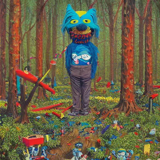 Image similar to safety cones scattered around an oak tree forest, man in muppet sasquatch sri lankan mask costume dancing in the distance, by james jean, miyazaki, hyper detailed surrealist painting