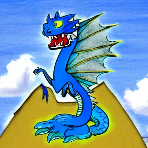 Prompt: children's cartoon of a blue dragon sitting on top of a suburban home