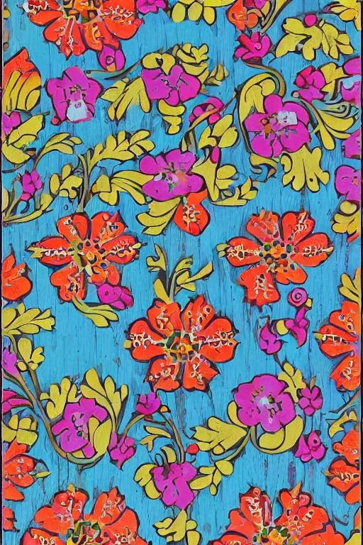 Prompt: beautiful colorful slavic floral pattern painted in acrylic on reclaimed wood