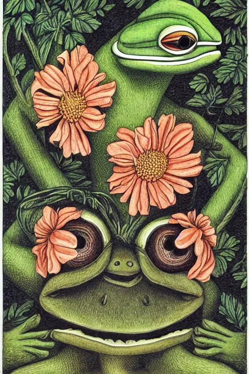 Image similar to pepe the frog, by maria sibylla merian