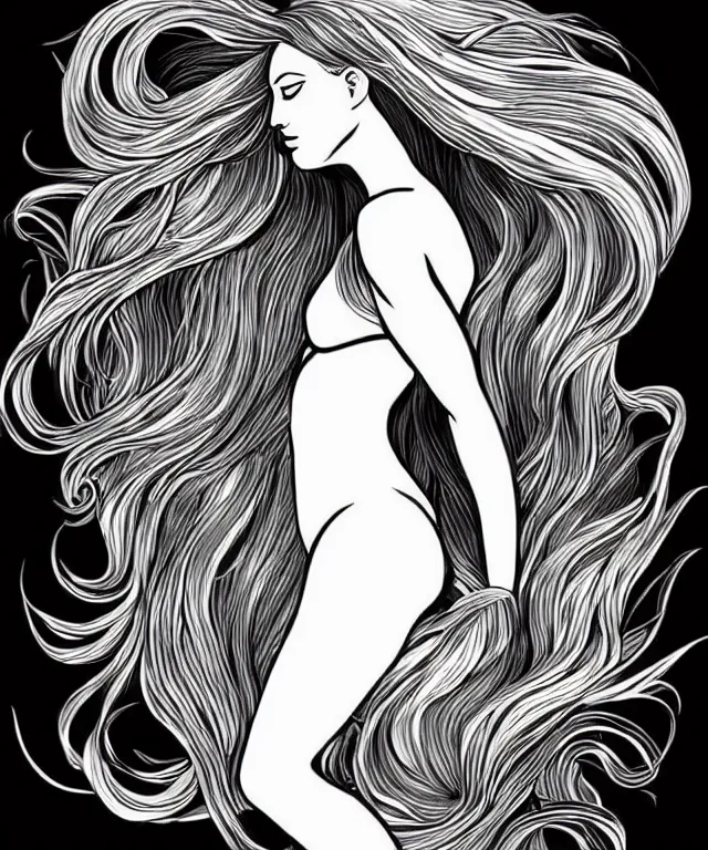 Prompt: black and white illustration, beautiful mermaid with flowing hair