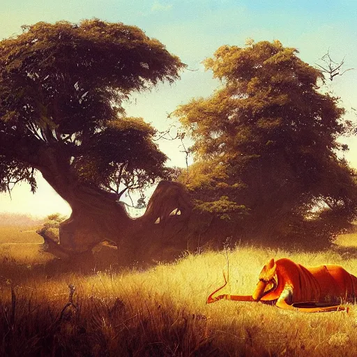 Prompt: manticor resting in the savanna, oil painting, by Greg Rutkowski