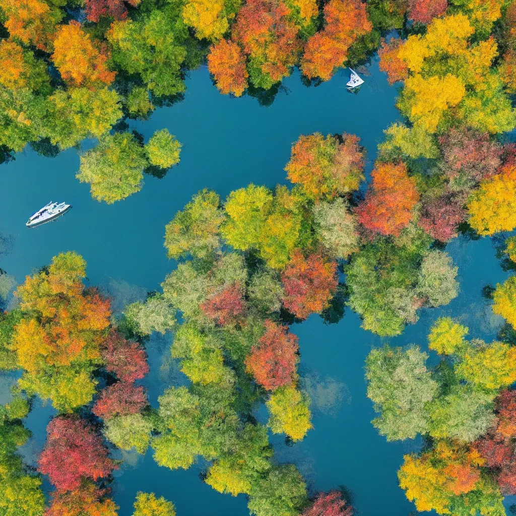 Image similar to ariel view of lake, silver cloud reflections, boats, colourful august foliage, very detailed, 4 k, professional photography