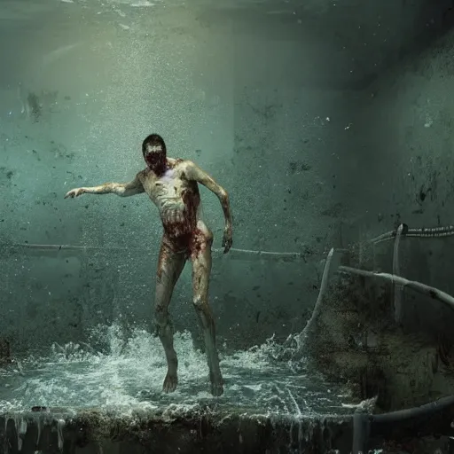 Image similar to highly detailed full body portrait of a zombie swimming underwater in a zombie - apocalypse, in a swimming pool, by greg rutkowski, octane render