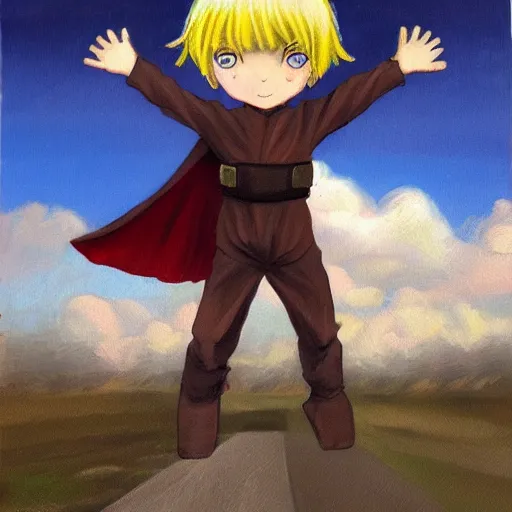 Prompt: blonde boy with yellow eyes, wearing a brown cape, flying above ground in a t pose, manga style, oil painting