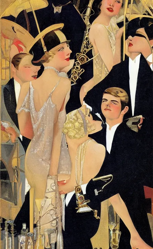 Image similar to an oil painting depicting high society life in the Jazz Age, Fitzgerald, 1920s style, The Great Gatsby, smooth, by Francis Coates Jones, Coles Phillips, Dean Cornwell, JC Leyendecker