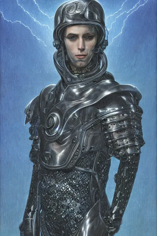 Prompt: portrait of beautiful gothic and futuristic young man, warhammer, cyber armor, a lot of more and more scars, thunderstorm, blue head, the middle ages, highly detailed, artstation, illustration, more and more composision, 8 k quality, art by jean delville, vincent disederio