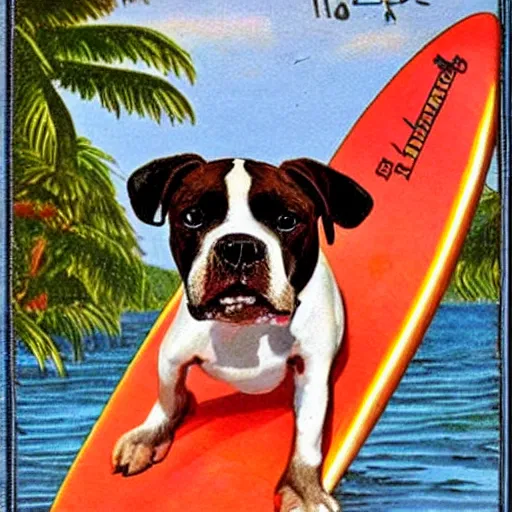 Image similar to staffordshire terrier boxer mix, riding a surfboard, as a vintage hawaiian postcard