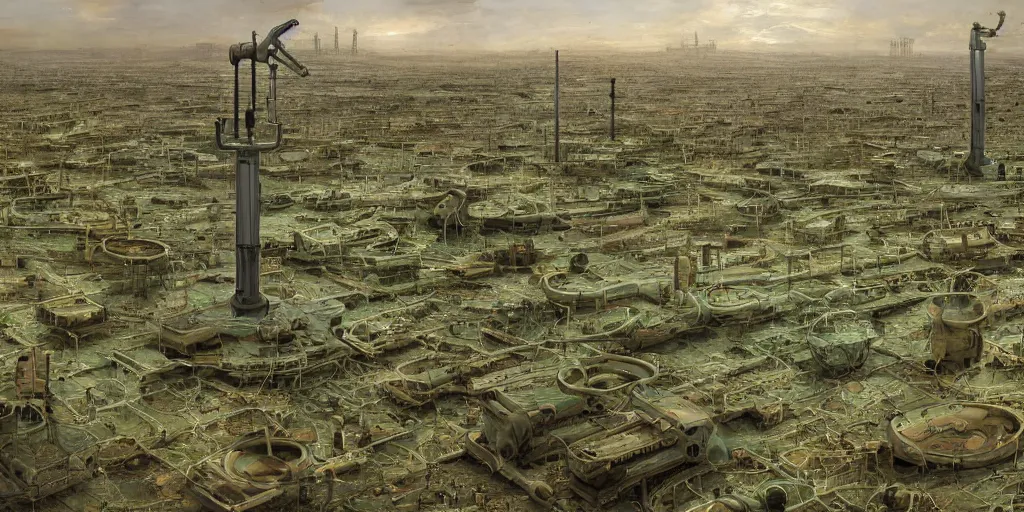 Image similar to hyper detailed digital matte painting of numerous futuristic robotic oil pump jacks, sprawling across empty and parched landscape, by francisco goya, chernobyl style industrial green matte, hypermaximalist, behance hd, a masterpiece, artstation, nightcafe, unsettling, mysterious, odd, by stephan martiniere and alexander fedosav