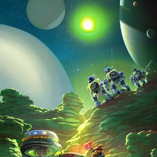 Image similar to Astronauts are having a picnic with green aliens and some dinosaurs on saturn's ring and saturn is as background, by Jordan Grimmer digital art, trending on Artstation,