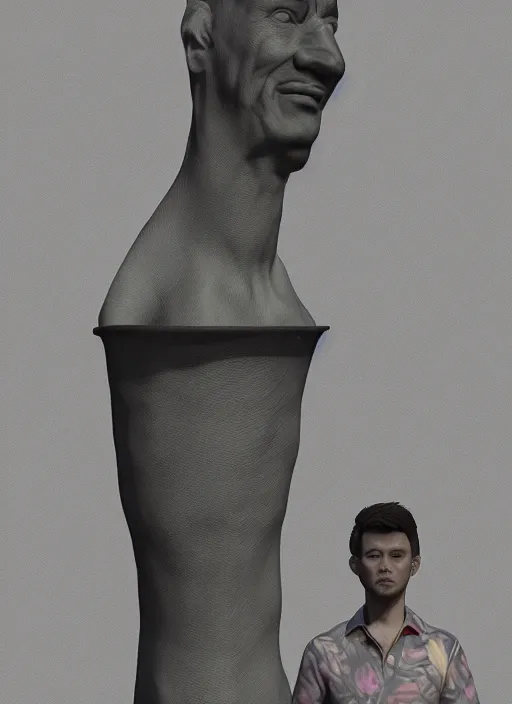 Image similar to a sculpture of a man standing next to a tall vase, a raytraced image by Hikari Shimoda, polycount, video art, vray tracing, ray tracing, rendered in unreal engine