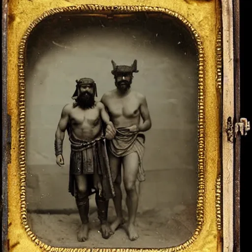 Image similar to spartan man and his helot slave, helot, ancient sparta, daguerreotype photograph, ancient photograph