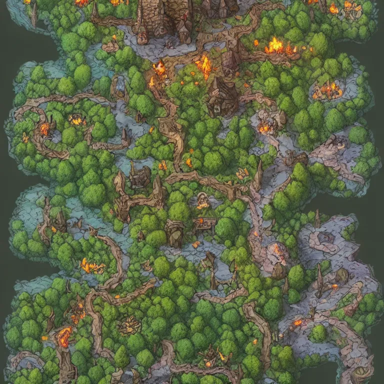 Prompt: full - color fantasy battle map of a woodland clearing, made with dungeon designer, made with dungeondraft, d & d, pathfinder, by jeff todd and greg rutkowski, trending on artstation, pinterest