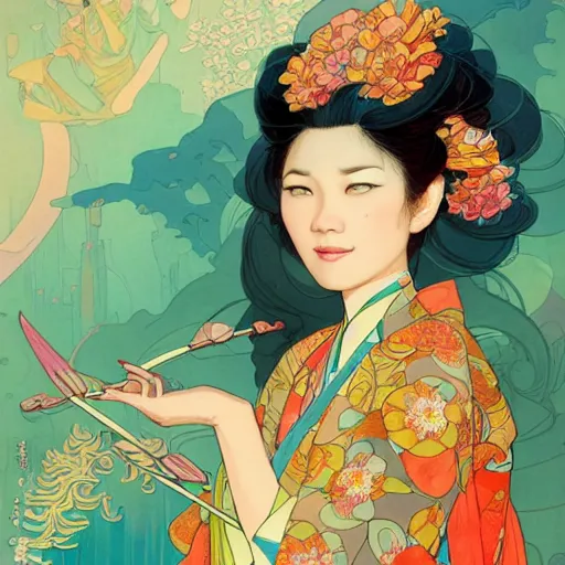 Image similar to asian princess portrait, with a flower kimono, stylized illustration by peter mohrbacher, moebius, mucha, victo ngai, colorful comic style